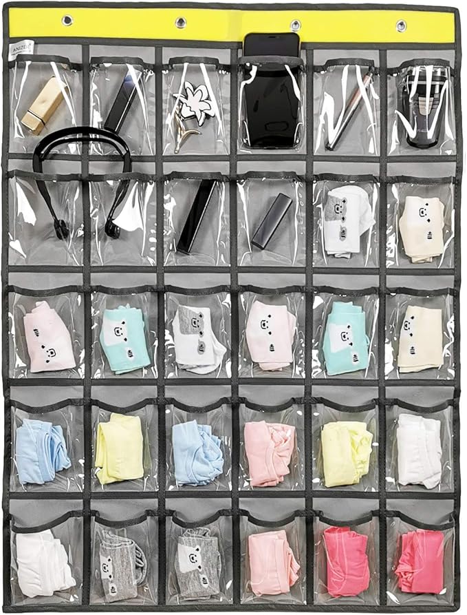 Classroom Pocket Chart for Phone Calculator Holder Over The Door Hanging Closet Jewelry Organizer with 30 Clear Pockets (GREY)
