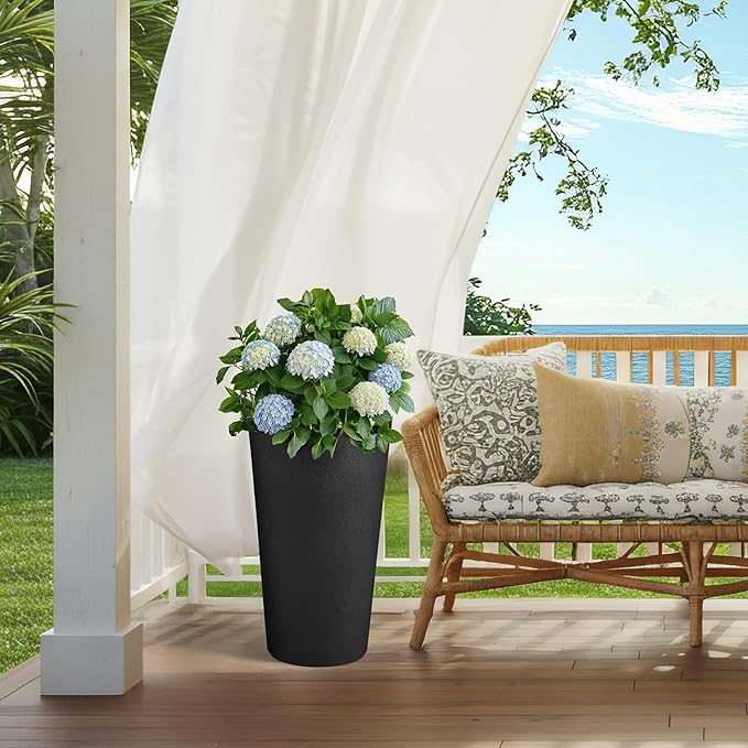 24" Tall Planters for Outdoor Plants, Set of 2 Heavy-Duty Resin Flower Pots, Matte Black Leather Grain Finish, Durable & Weather-Resistant, Ideal for Garden, Patio, Yard, Porch, or Home Use