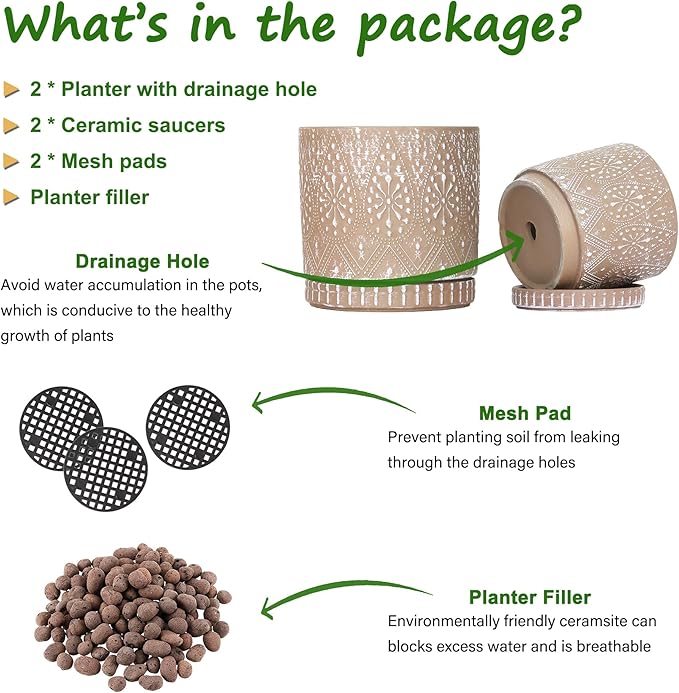 8 Inch + 6 Inch Plant Pot with Drainage Holes and Saucers, Indoor Ceramic Planter for Plants Succulent Orchid Flower Pots