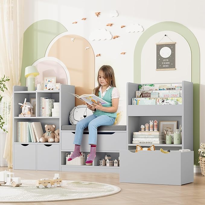 FOTOSOK 72” Kids Bookshelf with Reading Nook, Large Toy Storage Organizer with Seat Cushion and 3 Movable Drawers, Kids Reading Nook Toy Organizers and Storage with Bench for Living Room, Grey