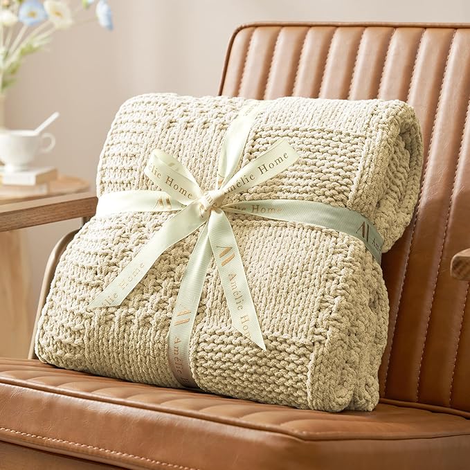 Amélie Home Chenille Knit Throw Blanket for Couch, Checkered Texture Decorative Soft Blanket for Sofa, Bed & Living Room, 50"x60", Beige