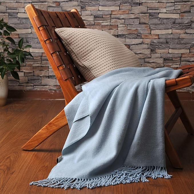 CUDDLE DREAMS Silk Throw Blanket with Hand-Knotted Fringe, Natural, Soft & Breathable (Ice Blue)