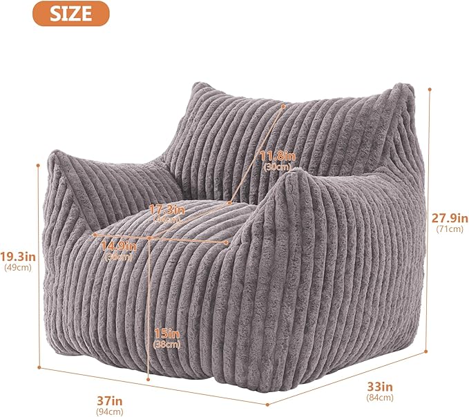 Giant Bean Bag Chairs for Adults with Filling Plush Fluffy Bean Bag Chairs for Teens with Armrests Comfy BeanBag Lazy Couch Sofa Chair for Bedroom Living Room Reading (Dark Gray2, M-for Teens/Adults)