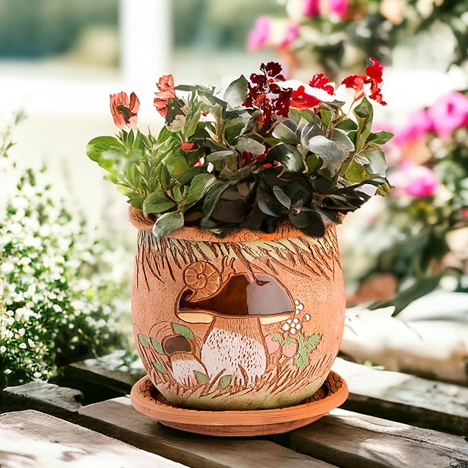 Ceramic Pot with Drainage Hole and Saucer, Plant Pots, Modern Decorative Planters for House Plants Indoor Flowers Plants, Cute Flower Pot - Gifts (Mushrooms)