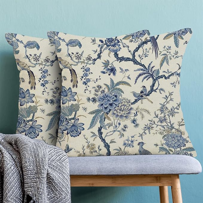 CXMEIFLY Spring Floral Birds Pillow Covers 20 x 20 Inch Set of 2 for Chinoiserie Flowers Decor Throw Pillows Blue and White Plant Outdoor Decorative Cushion Cases for Couch Bed Decorations