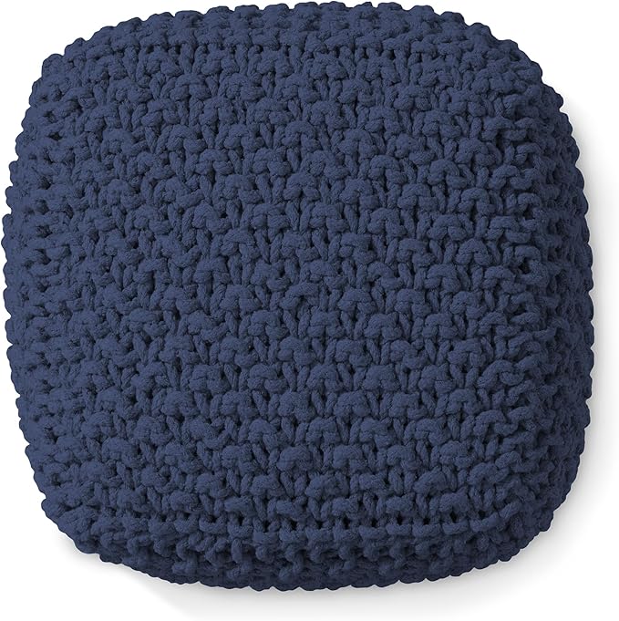 Casafield Square Pouf Ottoman, Navy Blue 18.5" W x 18.5" D x 14.5" H Cotton Knit Foot Stool - Boho Floor Pouffe for Living Room, Bedroom, Home Office