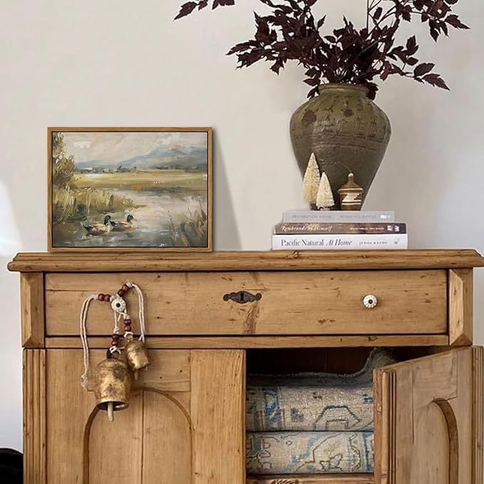 Floating Framed Canvas Wall Art, Vintage Mallard Duck Oil Paintings Print, Countryside Art Wildlife Nature Pond Wall Decor for Living Room, Bedroom, Office, Rustic Decor 8x10 inch