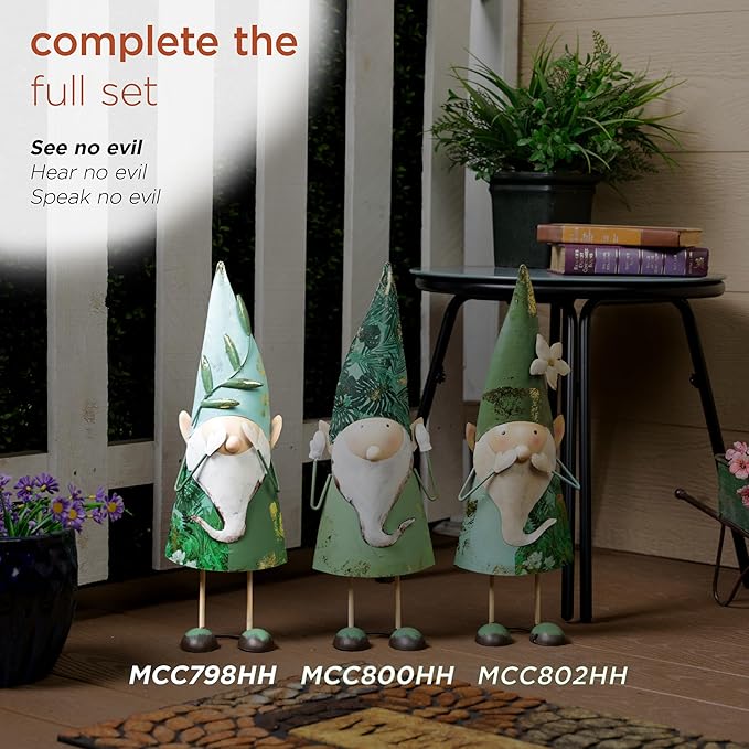Alpine Corporation MCC798HH See No Evil Metal Gnome Decor, Whimsical Playful Décor for Patio & Garden, 19" H, Green