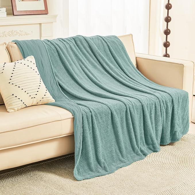 EMME Muslin and Fleece Queen Blanket Reversible - 80"*90" Teal Soft Warm Throw Blankets for Couch Bed Picnic Travel Bed