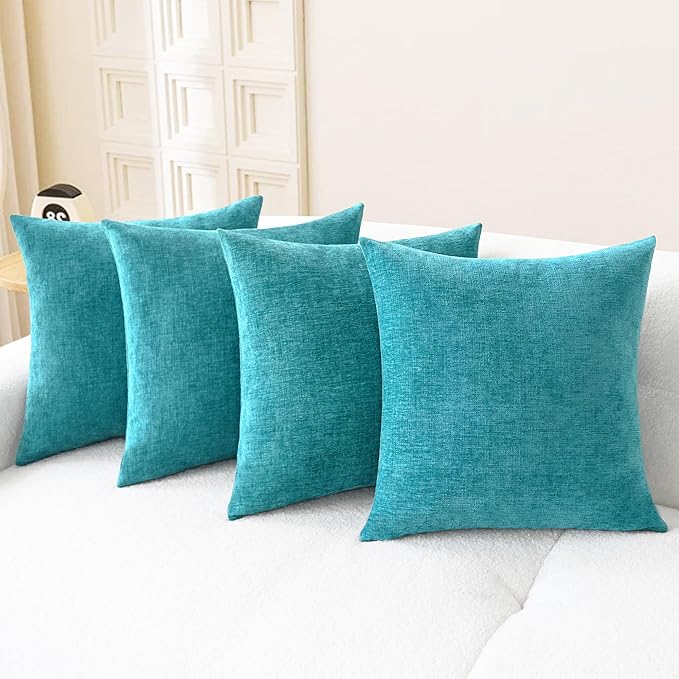 CaliTime Throw Pillow Covers Decorative 18 X 18 Inches Pack of 4 Cozy Chenille Cushion Cases for Couch Sofa Bed Living Room Home Lake Blue