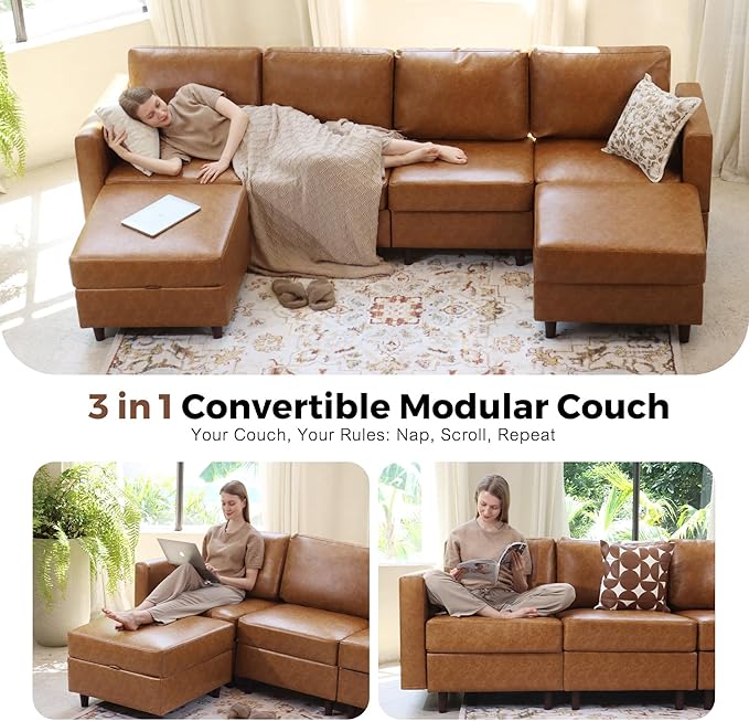 118.5" Faux Leather Modular Sectional Sofa with Storage Seat, Modern 6 Seater Couch Deep Seat with Removable Cover DIY Combination Brown