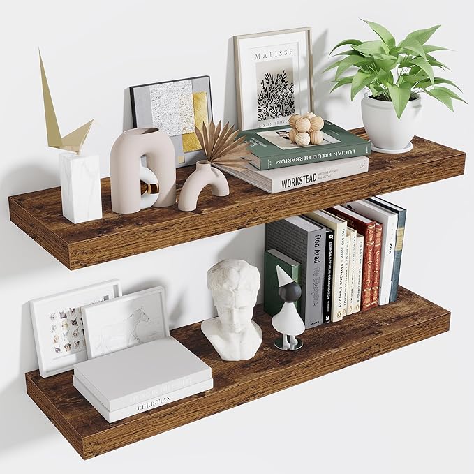 Fun Memories Floating Shelves for Wall 36 Inches, Wood Shelves with Invisible Bracket, 10" Deep Shelves Wall Mounted, Large Floating Shelves for Living Room Bathroom, Rustic Brown, Set of 2
