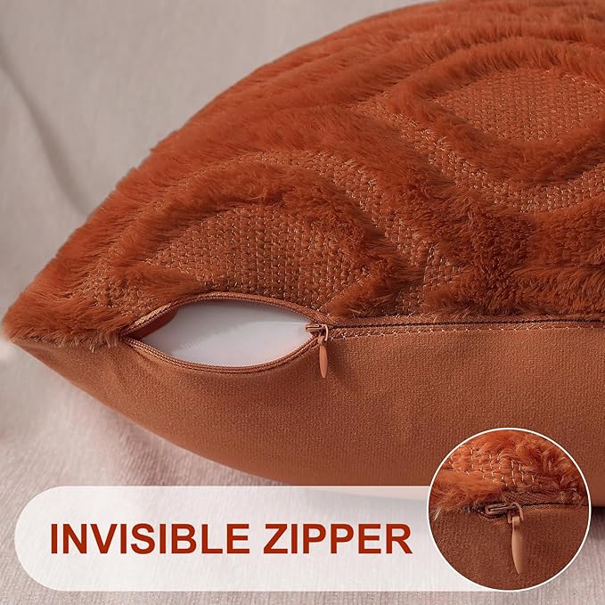 decorUhome Fall Throw Pillow Covers 12x20 Inch Set of 2, Soft Plush Decorative Faux Fur Rust Solid Couch Pillow Covers, Accent Farmhouse Neutral Lumbar Euro Pillow Cases for Sofa Bed Living Room