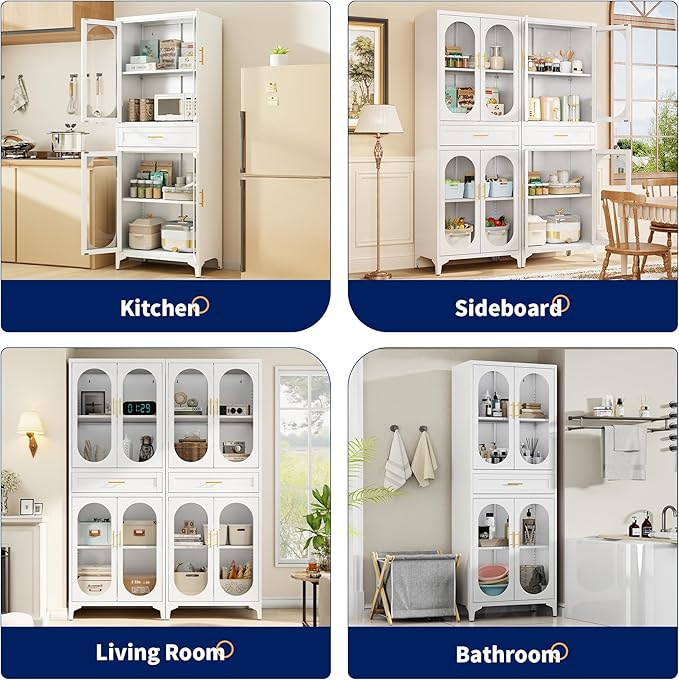 75” Tall Kitchen Pantry Storage Cabinet, Metal Storage Cabinet with 1 Drawer and Adjustable Shelves, Kitchen Pantry Cupboard, Freestanding Cupboard for Bathroom (White-4 Doors and 1 Drawer)