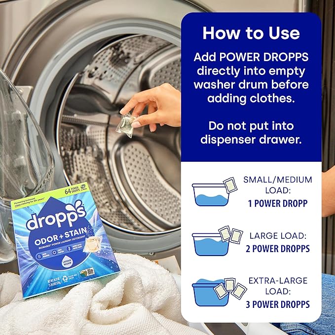 Dropps Odor & Stain Biobased Power Laundry Detergent Pods, Crisp Breeze (64 Pods) - HE Compatible Laundry Pods for Fresh Clothes - Laundry Soap Supplies & Recyclable Paperboard Packaging