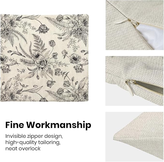 CXMEIFLY Spring Floral Leaves Pillow Covers 20 x 20 Inch Set of 2 for Chinoiserie Flowers Decor Throw Pillows Black and White Seasonal Plant Outdoor Decorative Cushion Cases for Couch Bed Decorations