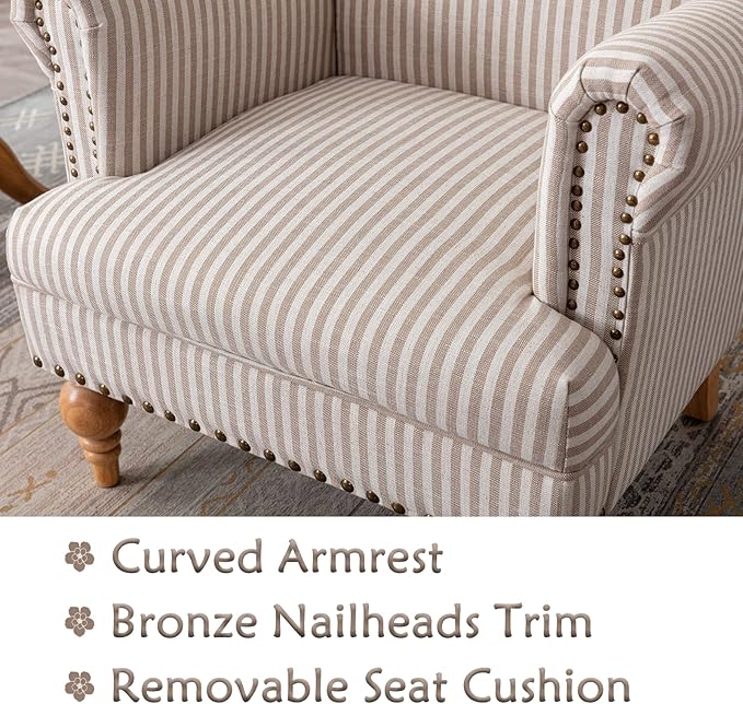 chairus Linen Accent Chair for Living Room Set of 2 Upholstered Mid Century Modern Single Sofa Chair with Solid Wood Legs Comfy Reading Chair Armchair for Bedroom/Office/Recption/Lounge, Khaki Stripe