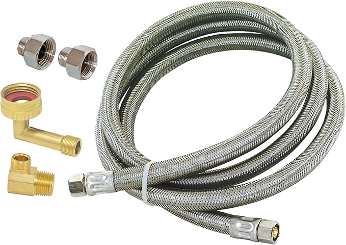 Eastman Dishwasher Installation Kit, 8 Foot Hose with Adapters, 3/8 Inch MIP x 3/4 Inch FHT Elbows, Braided Stainless Steel Connectors, 41132