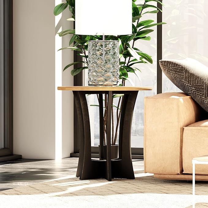 Farmhouse Round End Table with Criss-Cross Wood Legs, Rustic French Country Side Table for Dinning or Living Room, Modern, Black, Natural Wood