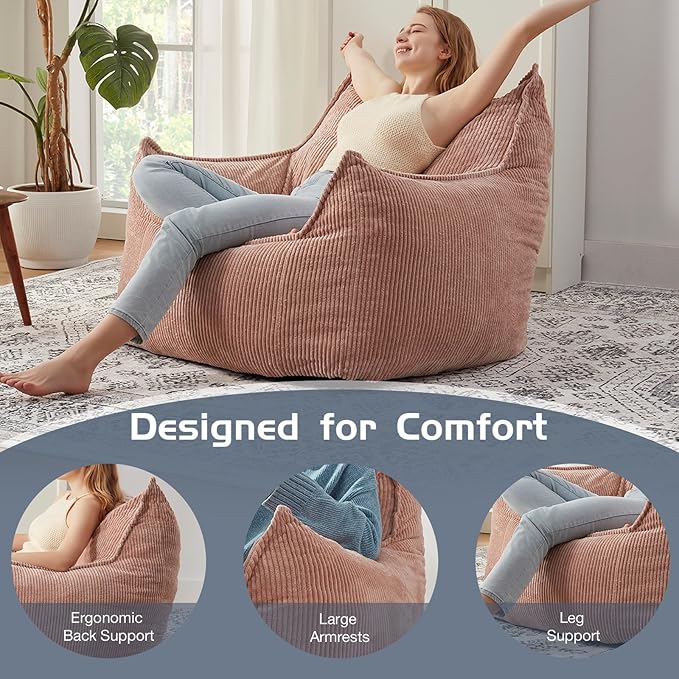 Giant Bean Bag Chair Sofa for Adults Teens, Comfy Corduroy Large Bean Bag Chairs with Armrests for Bedroom Living Room, Adult BeanBag Lazy Sofa Couch Chairs with Filler Included