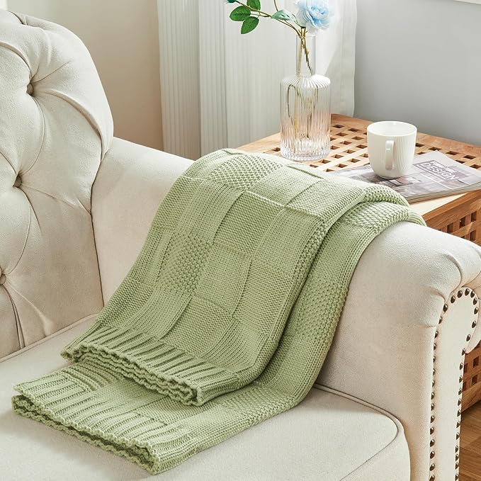 CozeCube Check Knit Throw Blanket, Sage Green Checkered Throw for Couch, Decorative Christmas Soft Cozy Warm Knitted Blanket for Bed Sofa Living Room, 60"X80"