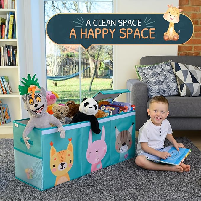 Extra Large Toy Storage Organizer with Lid - Sturdy, Collapsible Toy Chest Storage Box with Cute Design - Toys Bin with Dividers for Kids, Boys, Girls, Nursery, Bedroom, Play room 37"x16"x14"