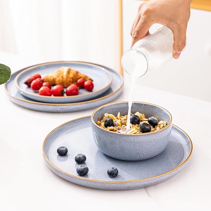 GBHOME Ceramic Dinnerware Sets for 6, 18 Pieces Stoneware Plates and Bowls Sets, Scratch Resistant Dish Sets for Dinner, Dishwasher & Microwave Safe, Brunnera Blue