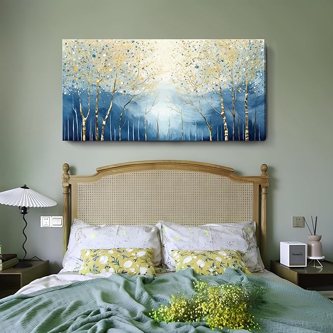 amatop Extra Large Wall Art for Living Room – Modern Forest Landscape Picture Abstract Nature Tree Scenery Canvas Art Prints Blue Wall Decor Oversized Horizontal Birch Artwork Bedroom Office 58x29 Inch