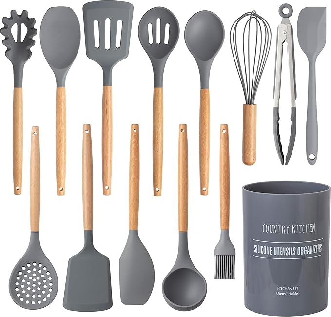 Country Kitchen Non Stick Silicone Utensil Set with Rounded Wood Handles for Cooking and Baking, 14 Piece Set, Gray