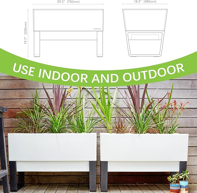 Glowpear Self Watering Planter Box - 29.5", White - UV Stable, Scalable Urban Raised Garden Bed with Water Gauge, Indoor Outdoor for Vegetables, Flowers, Herbs, and Succulents, Gardening