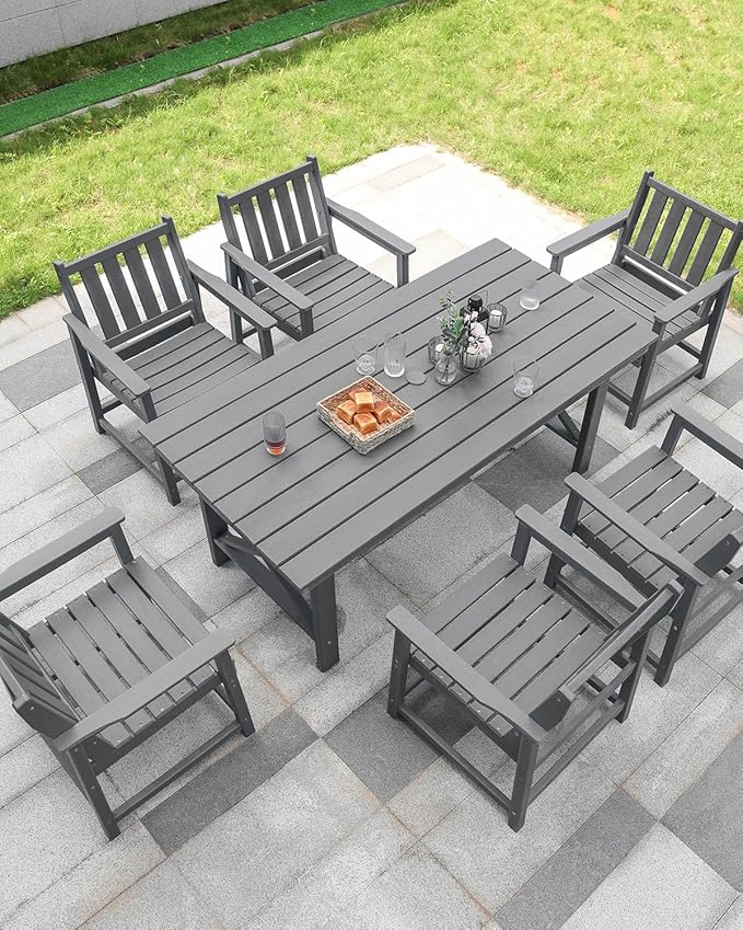 7 Pieces HDPE Outdoor Dining Set, Patio Dining Set with Umbrella Hole, All Weather Outdoor Dining Table Sets for 6, HDPE Patio Furniture Sets for Deck, Backyard, Lawn, and Poolside, Smoke Gray