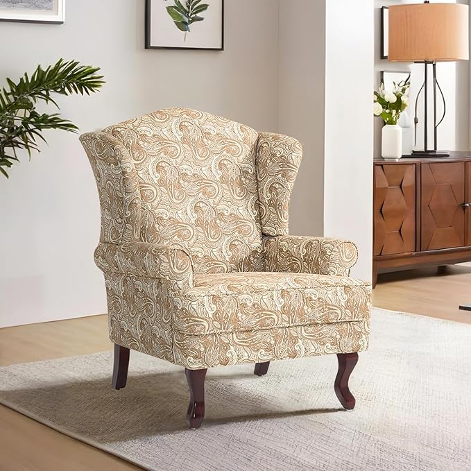 Accent Chair, High Back Upholstered Armchair with High Resilience Sponge & Wood Legs, Mid-Century Modern Comfy Single Sofa Reading Chairs for Living Room, Bedroom (Floral Sand, Set of 2)