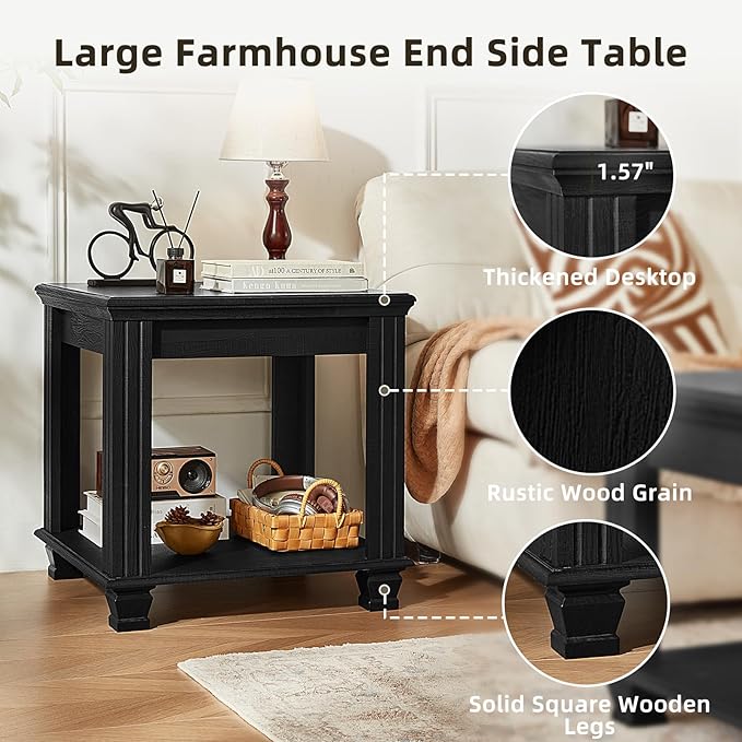 Farmhouse End Table,Large Side Table with 2-Tier Storage Shelf,Rustic Wood End Tables for Living Room,Square Tea Table,Black