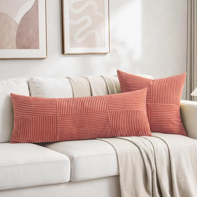 Fancy Homi Set of 2 Coral Boho Long Lumbar Body Decorative Throw Pillow Cover 14x36 Inch for Bed Couch Bedroom Bench, Soft Patchwork Corduroy Textured Pillow Case, Rustic Farmhouse Room Décor