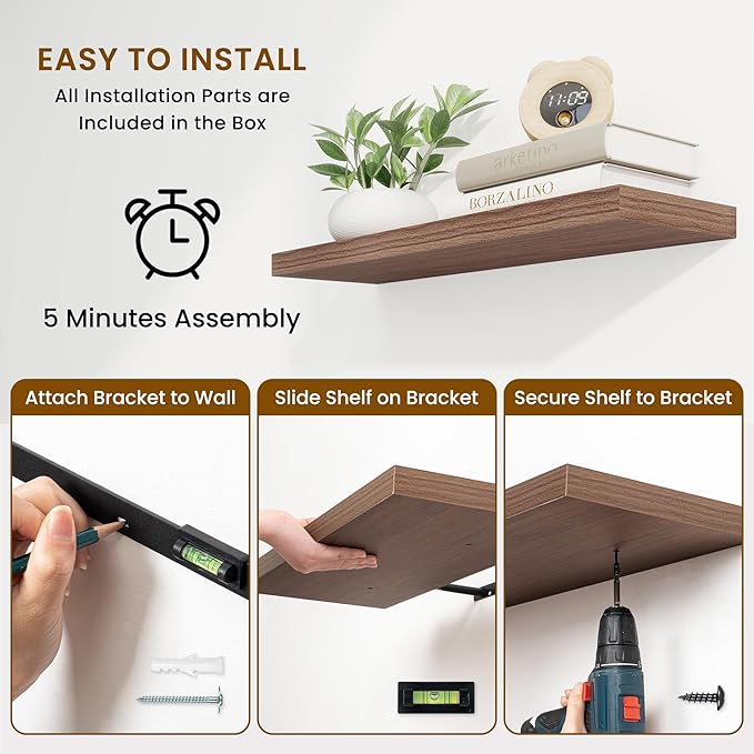 Fun Memories Floating Shelves for Wall, 32 Inch Rustic Wood Wall Mounted Shelves for Bathroom, Bedroom, Kitchen, Living Room, Deep Floating Shelves for Storage & Home Decor (Walnut, Set of 2)