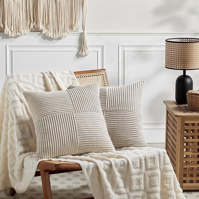 Fancy Homi 2 Packs Neutral Taupe Decorative Throw Pillow Covers 18x18 Inch for Living Room Couch Sofa, Rustic Farmhouse Boho Home Decor, Soft Corss Corduroy Patchwork Textured Square Cushion Case 45cm