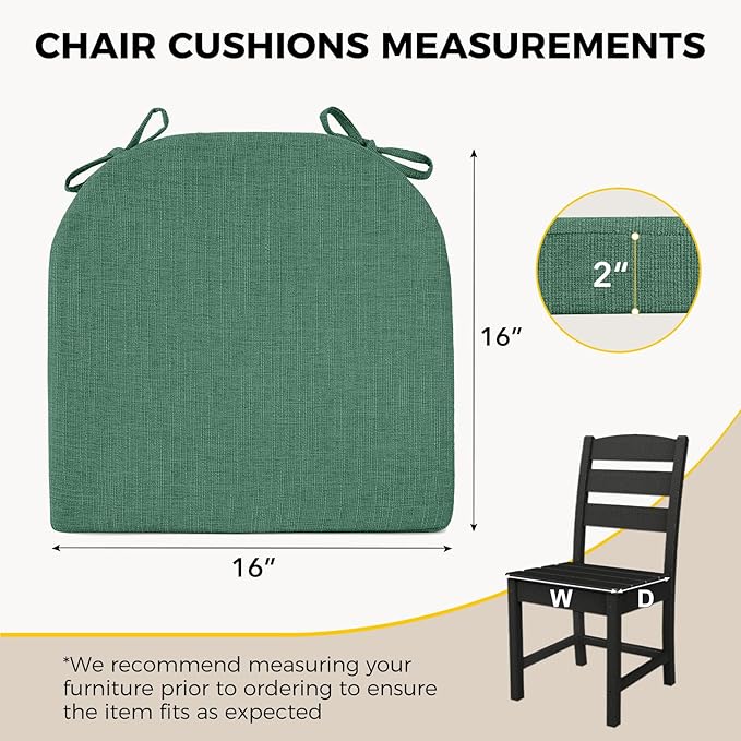 downluxe Indoor Chair Cushions for Dining Chairs, Soft and Comfortable Textured Foam Kitchen Chair Pads with Ties and Non-Slip Backing, 16" x 16" x 2", Dark Green, 6 Pack