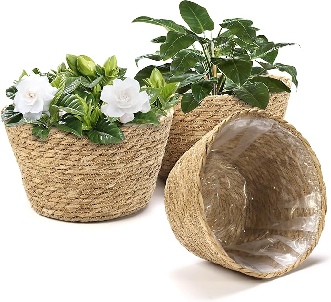 Athaliah Plant Basket Set of 3, Indoor Woven Planter Baskets with Plastic Liner, Water Hyacinth and Corn Husk Decorative Pots for Rustic Home & Floor Plant Decor (Natural Color-3)