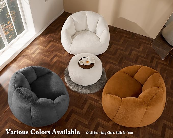 Giant Bean Bag Swivel Chair for Adults - Comfy Plush Round Shell Soft Accent Chaise Lounge Indoor Reading Chair, Oversized Cozy Floor Sofa for Living Room, Bedroom & Game Rooms, Dorm, Gray