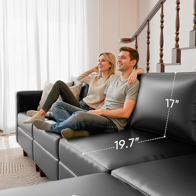 118.5" Faux Leather Modular Sectional Sofa, L Shaped Couch Set for Living Room, 5-Seater Comfy Cloud Couches with Movable Storage Ottoman,DIY Combination - Black