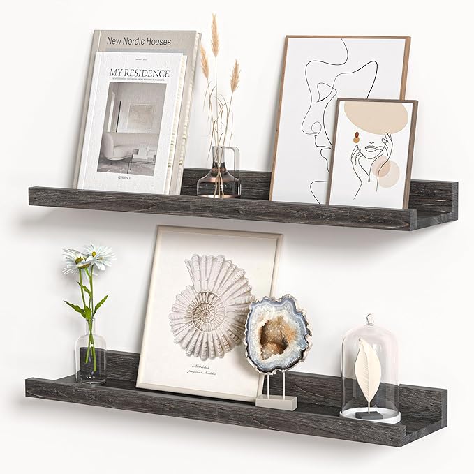 Floating Shelves for Wall, Picture Ledge Shelf 24 Inch Solid Wood Set of 2, Rustic Wall Shelves with Lip, Kids Bookshelf, Photo & Picture Live Edge Floating Shelves for Bedroom, Living Room, Kitchen