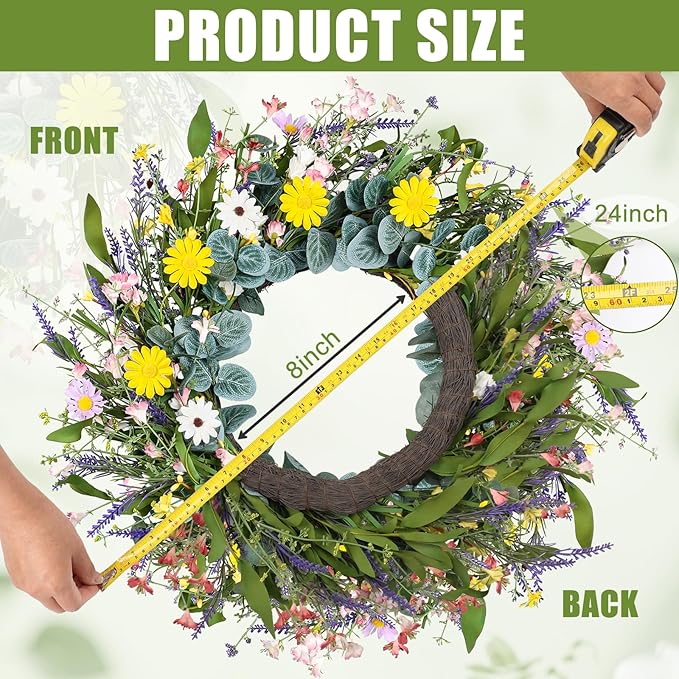 Artgar Spring Wreaths for Front Door, 24 Inch Daisy Wreath, Artificial Spring Summer Wreath with Eucalyptus Leaves Paper Flowers for Indoor Outdoor Home Door Window Wall Wedding Decor