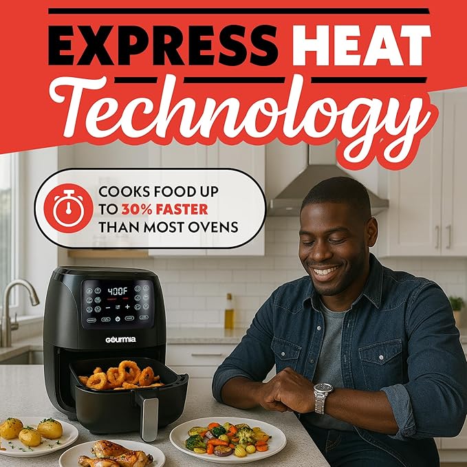 Gourmia Air Fryer 6 QT Digital – Guided Cooking with 12 One‑Touch Presets, FryForce 360 Large XL Basket, Touchscreen, Dishwasher‑Safe Accessories, Healthy No‑Oil Cooking GAF686