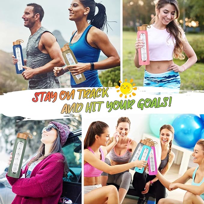 Aqulea Glass Water Bottles 32 Oz with Silicone Sleeve - BPA Free Reusable Wide Mouth Glass Motivational Water Bottles with Fruit Infuser – Leak Proof Borosilicate Water Bottle with Time Marker (Pink)