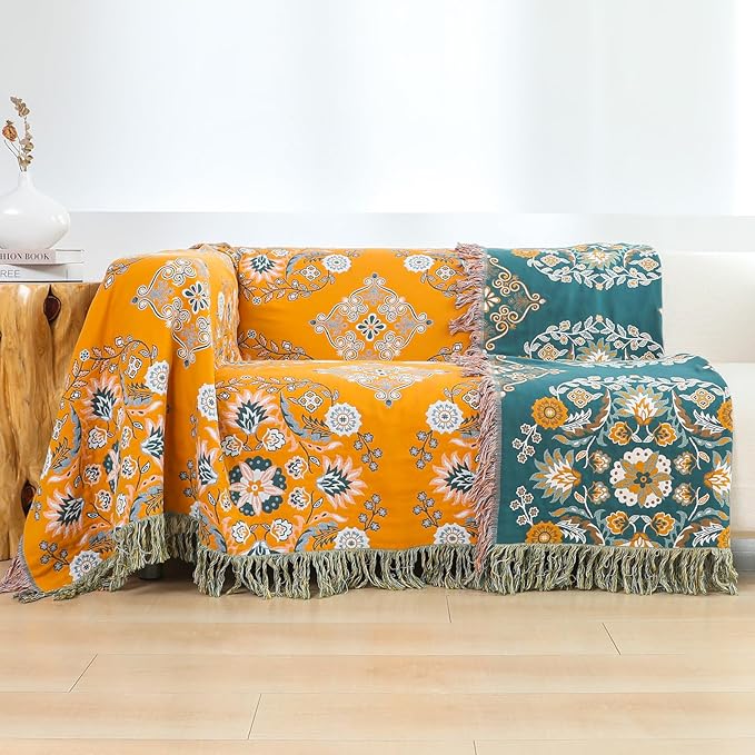 Boho Throw Blanket for Bed,100% Cotton Ultra Soft Lightweight Muslin 4-Layer Breathable Woven Throws 80''x 90'' Blanket Yellow Floral Printed Farmhouse Decor Bed Blankets