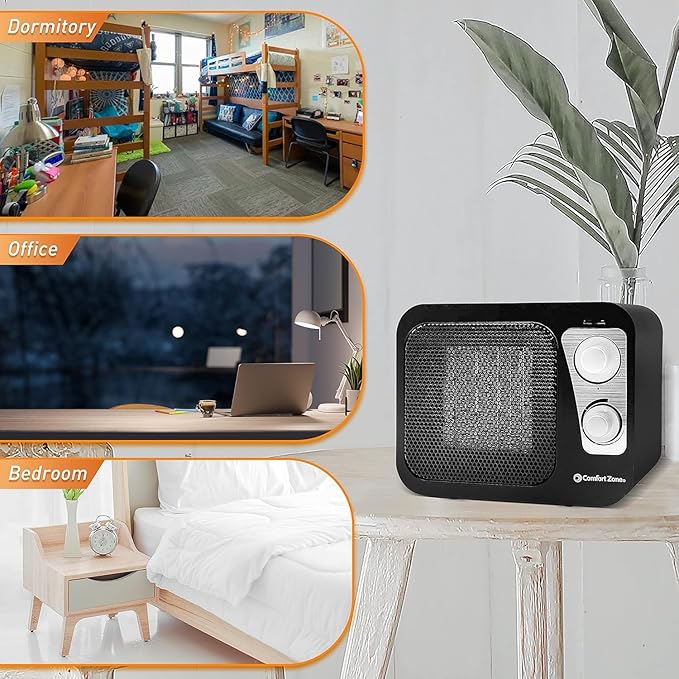 Comfort Zone Space Heaters for Indoor Use, Portable Heater, Fast Heating, Electric Heater, Thermostat, Retro Design, Bedroom Heater with Overheat Protection, Safety Tip-Over Switch 1,500W, Black