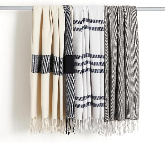 Amazon Basics Room Decor Throw Blanket, Lightweight and Cozy in Polyester, Ivory With Blue Cross-check Pattern, 50"x 60"