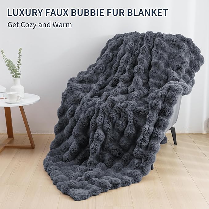 Cozy Faux Fur Throw Blanket for Bed-Warm Fuzzy Throw Blanket, Soft Plush Thick Bubble Blankets for Bedroom and Living Room, Furry Luxury Blanket, 90 x 108, Grey
