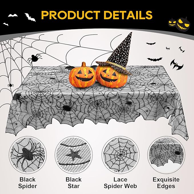 eZAKKA Halloween Table Cloth, 54" x 72" Spider Webs Tablecloths Black Tablecloth Lace Fabric Table Cloths Spooky Cover
