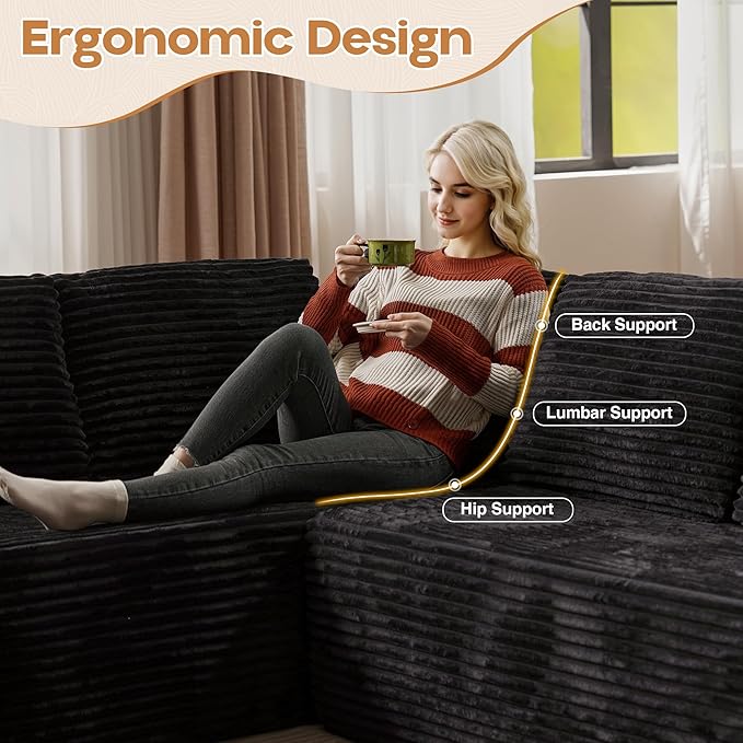 Cloud Sectional Couches for Living Room,U Shaped Modular Sofas No Assembly,133x68 Inches Plush Corduroy Oversized Floor Couch Set with Deep Seat Chaise,Black